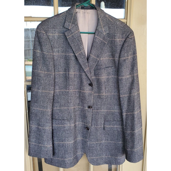 Hugo Boss Stretch Charcoal Plaid Sport Coat Mens Size 44L Wool Blend 3 Button - Picture 2 of 13